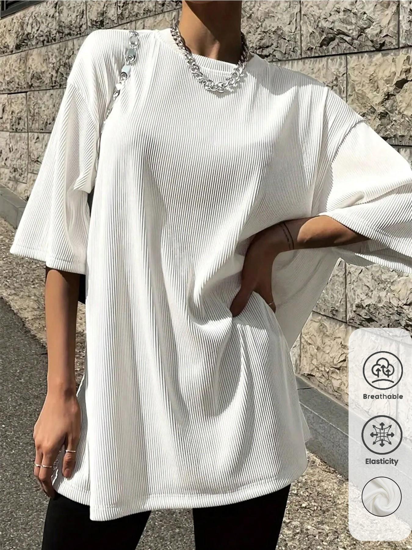 tiktokshopspringglowup Women's oversized ribbed T-shirt, breathable and elastic loose summer top, comfortable daily street wear basic T-shirt