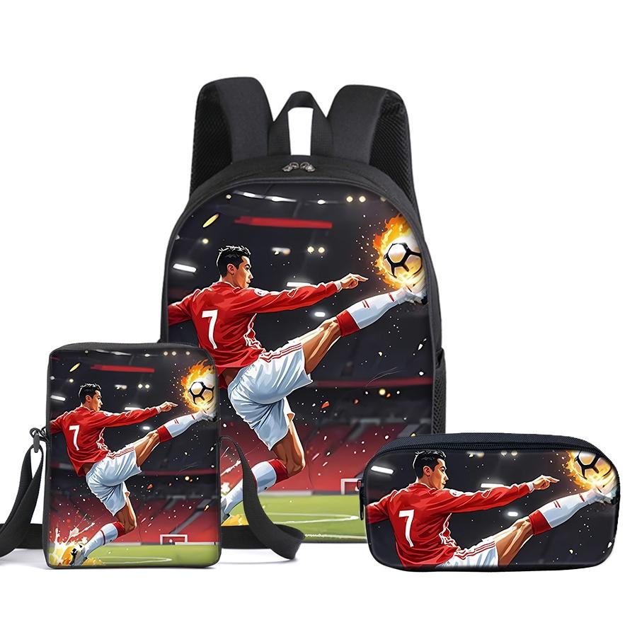 CR7 Football pattern printed 16-inch Soccer Backpack Stylish Casual Daypack with Shoulder Bag three-piece set (single-layer backpack + small shoulder bag + single-layer pencil bag) Backpack For Football Fans