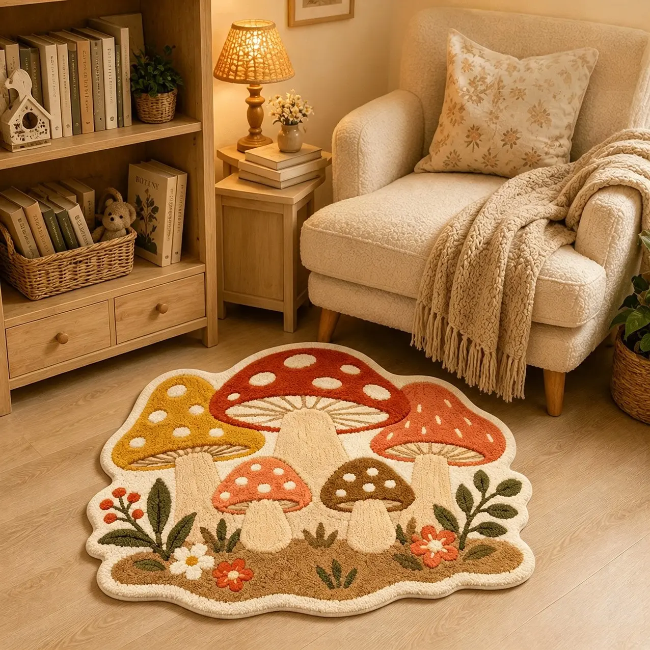 Bedroom Rug with Colorful Mushroom Pattern, Non-Slip Durable Foot Mat, Soft Easy-To-Clean, Fall Decoration for Gaming Room/bedroom