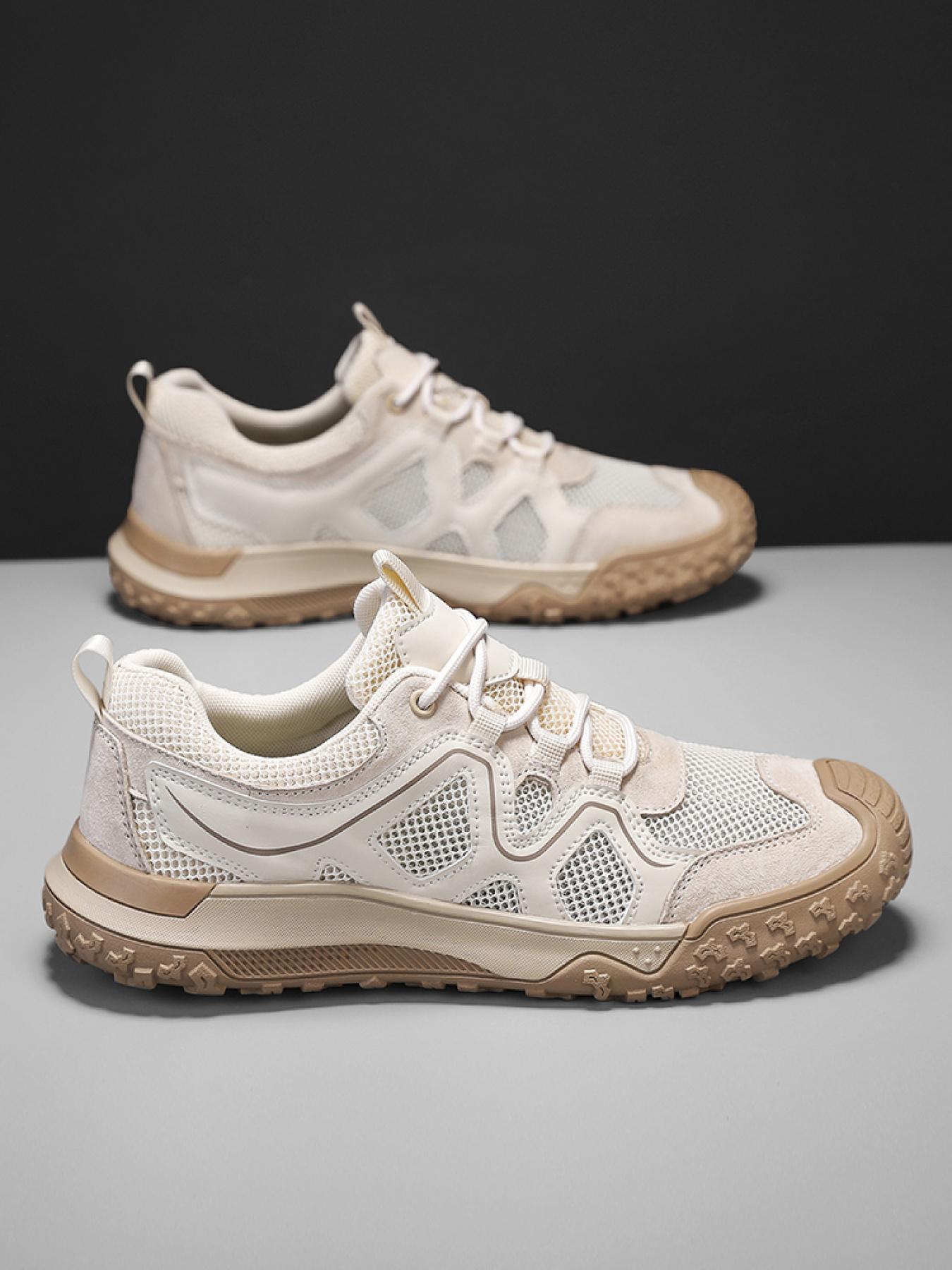 Men's Solid Color Mesh Breathable Outdoor Hiking Shoes Drawstring Toe Cap Trekking Shoes Non-Slip Wear-Resistant Casual Sneakers