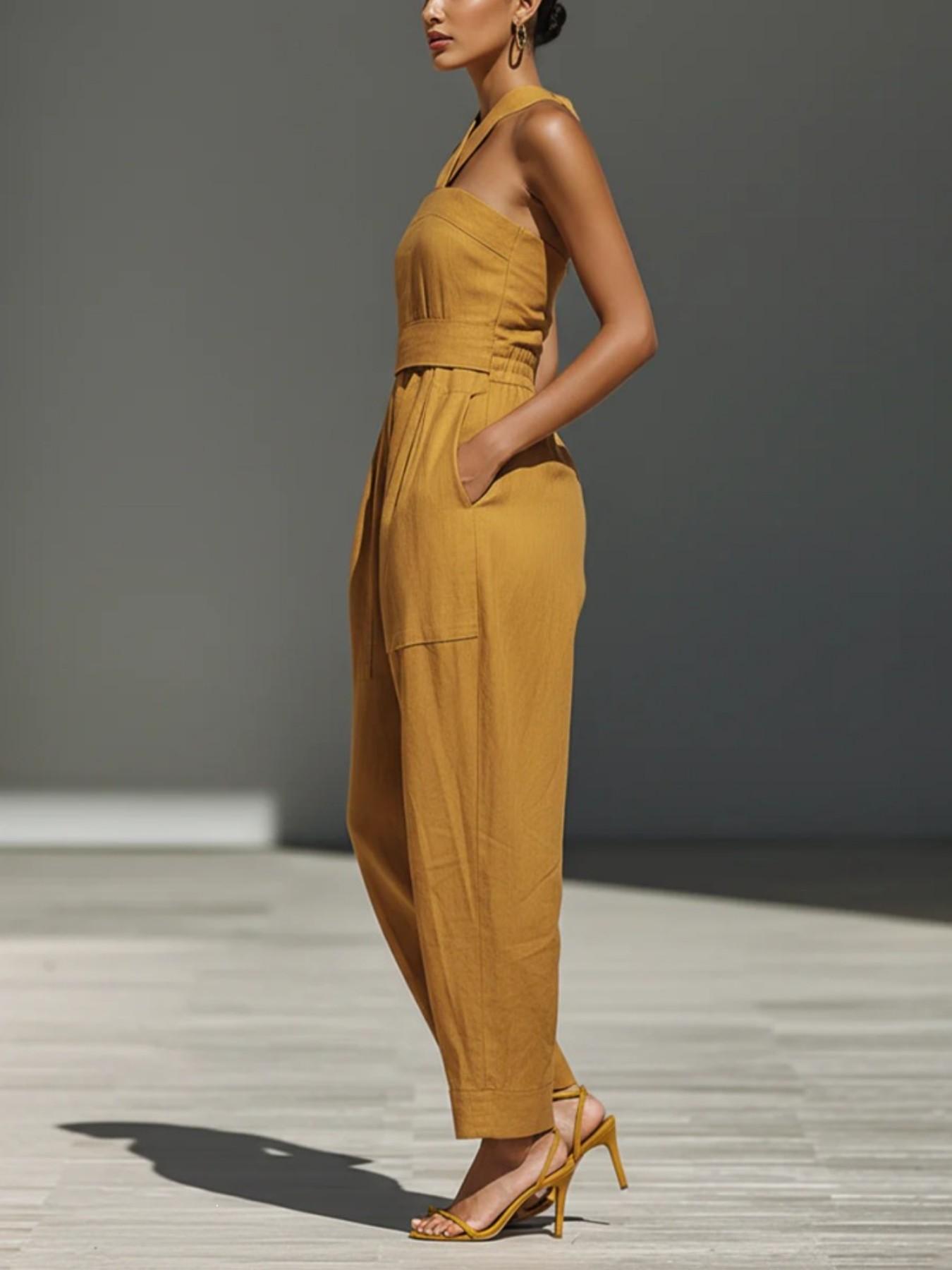 2026 Summer New Solid Color Cross Halter Neck with Pockets Loose Fit Women's Romper, Stylish and Comfortable One-Piece