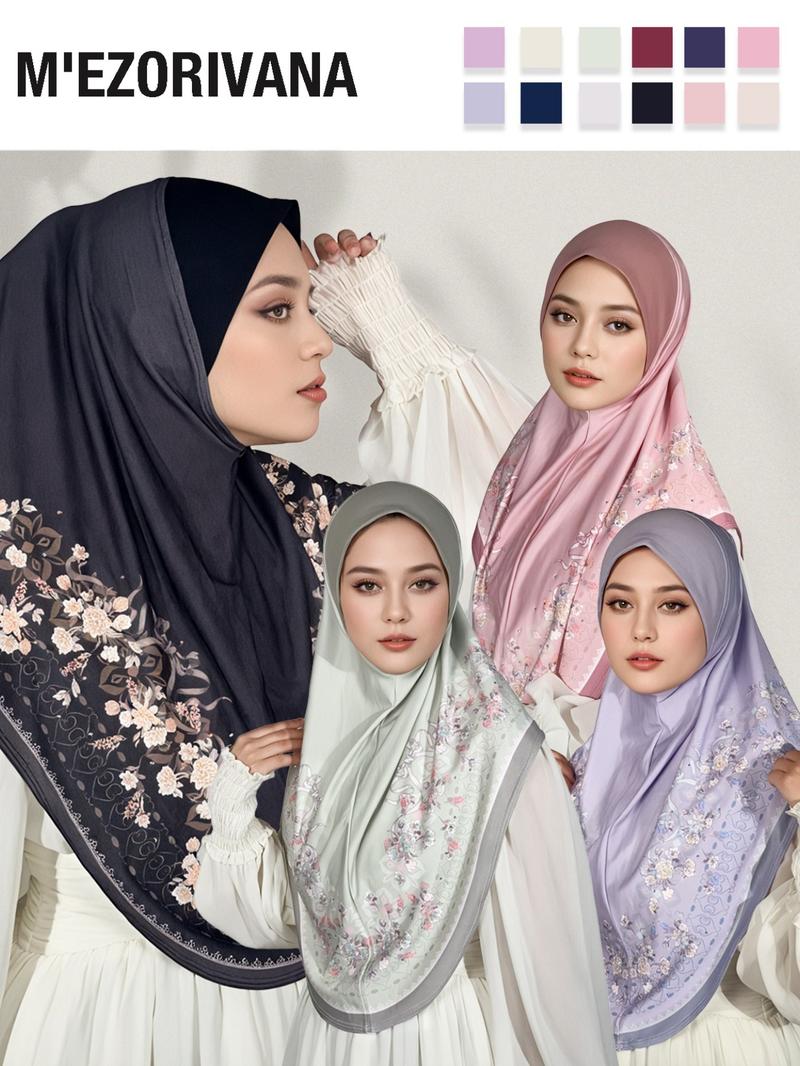 Muslim Headscarf Hijab with Bouquet Print and Gem Embellishments, Multiple Colors Available, Chiffon Fabric, Comfortable Hat Brim, Ideal for Ramadan, Modest Hijab
