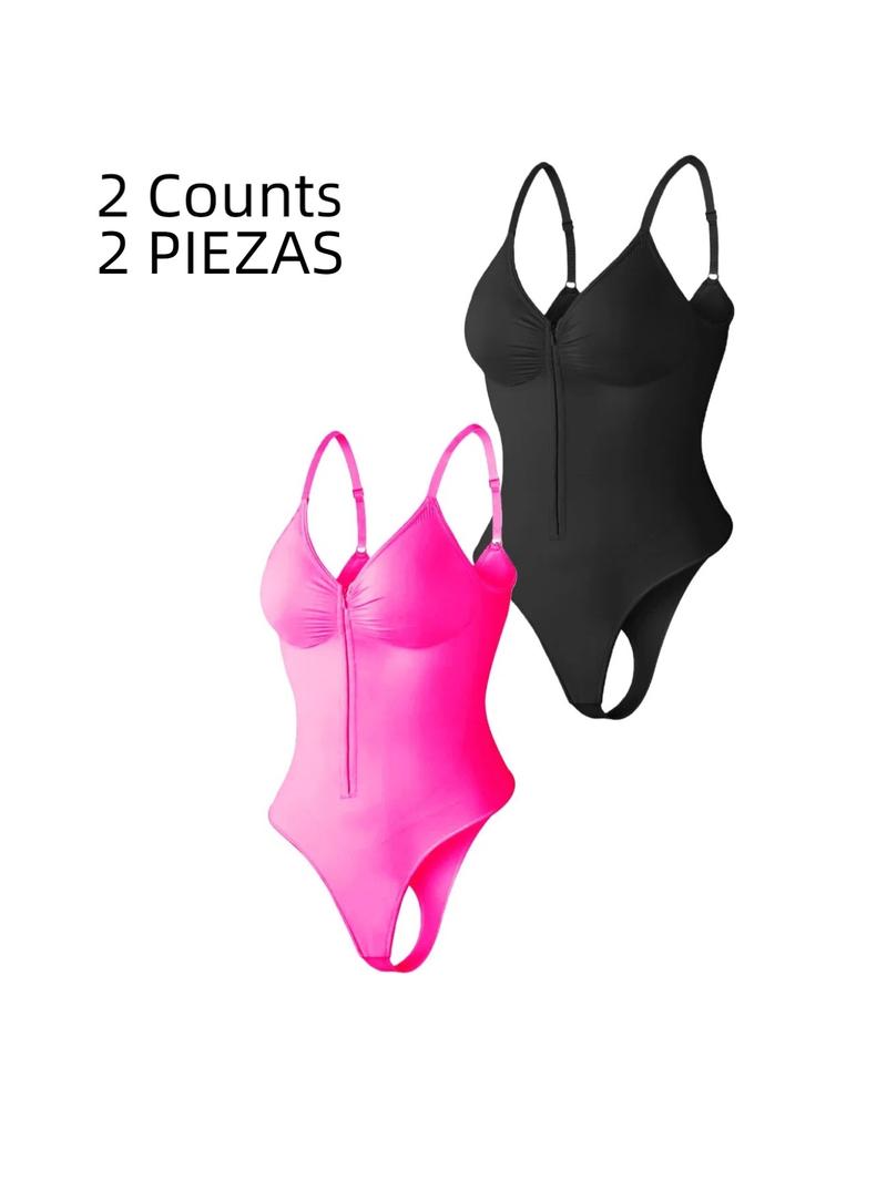 Women's Seamless Shapewear Bodysuit, Front Zipper Design, Tummy Control Thong Style, All Seasons Wearable, Comfortable Fit