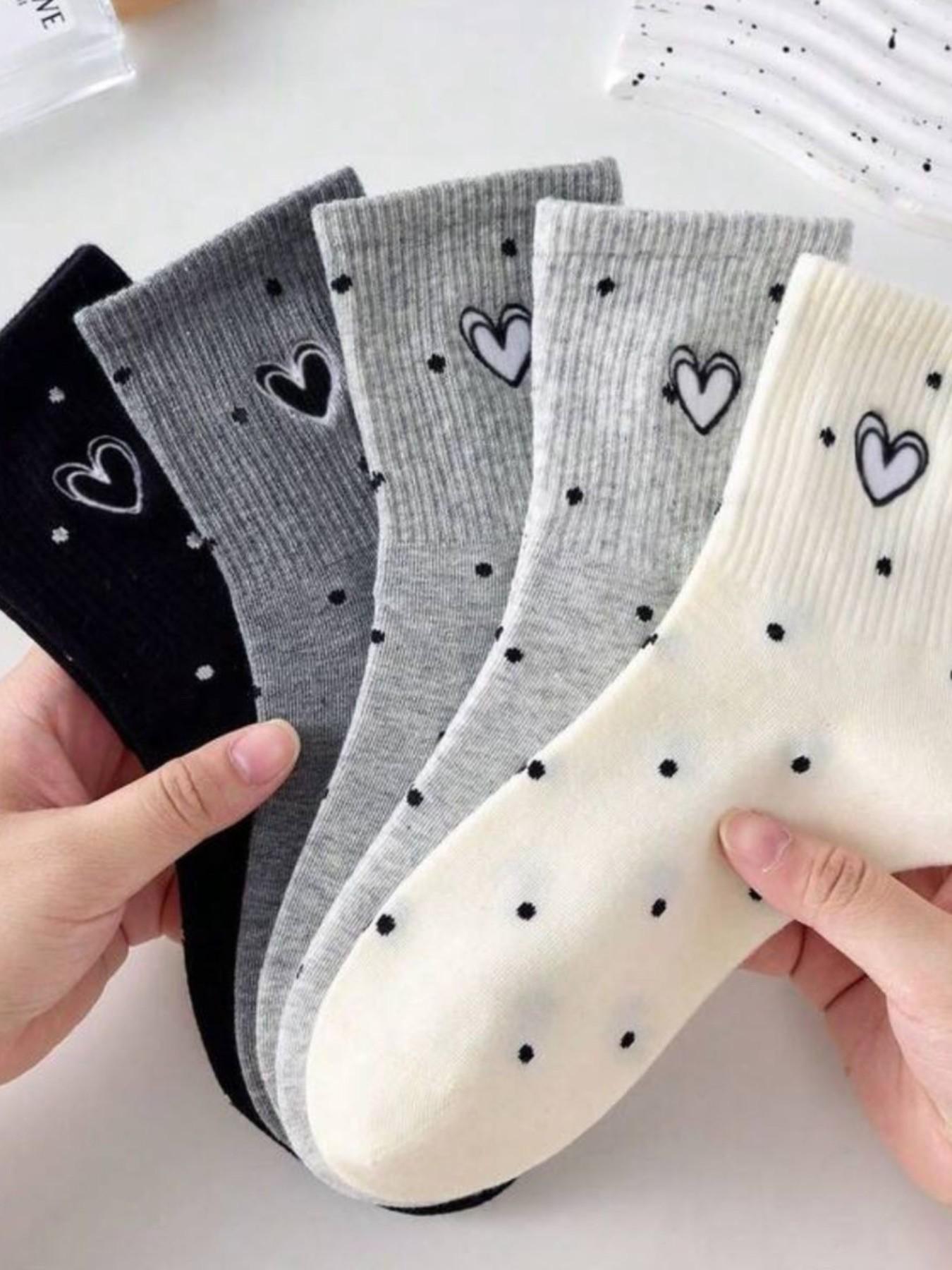 5 Pairs Heart Design Women's Mid-Calf Crew Socks, Casual Fashion Sport Wear, Slim-Fitting All-Season Socks for Daily Use