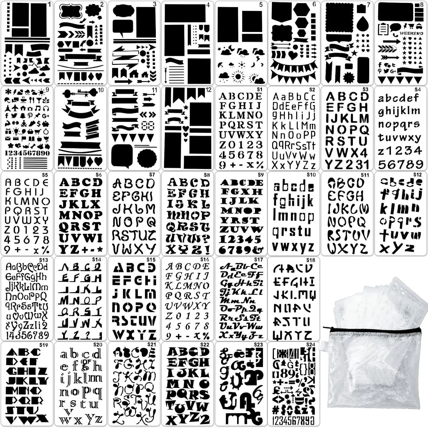 36-Count Soft Plastic Journal Stencils Set with 4x7 in Portable Bag, Letter Shapes Stencils for Banners Tabs, Dotted Journals, Crafts, Compatible with Pen/Gel/Ink (Office Art Stationery Supplies)