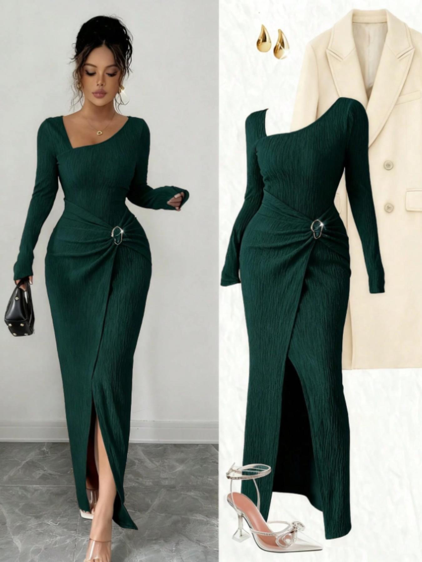 Women's Fashion Solid Color Twisted Long Dress, Asymmetrical-Neck Knitted Texture Bodycon Slit Design Dress, Classy Modest Fall Winter Women Clothes