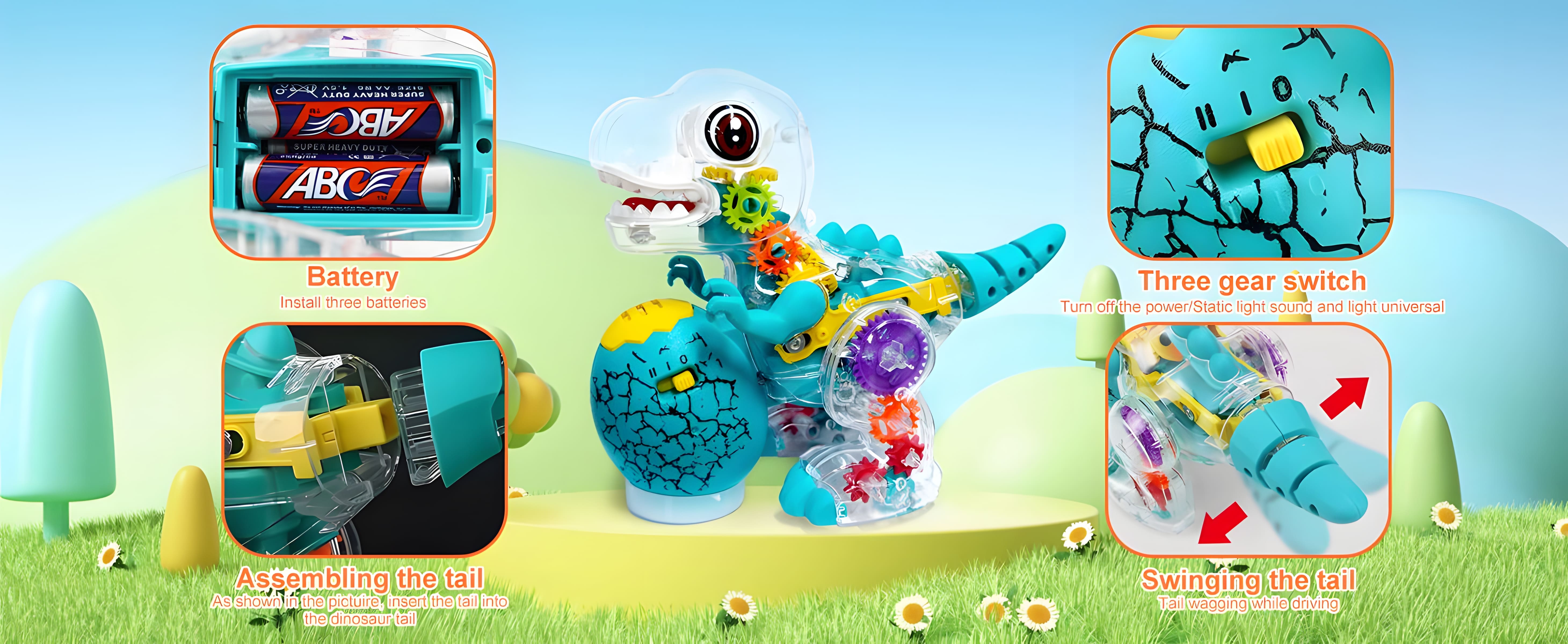 Electric T-Rex Roaring Dinosaur Toy, Music Toys with LED Lights & Moving Wheels, Transparent Stem Gear Toys for Kids Entertainment Birthday Party Christmas