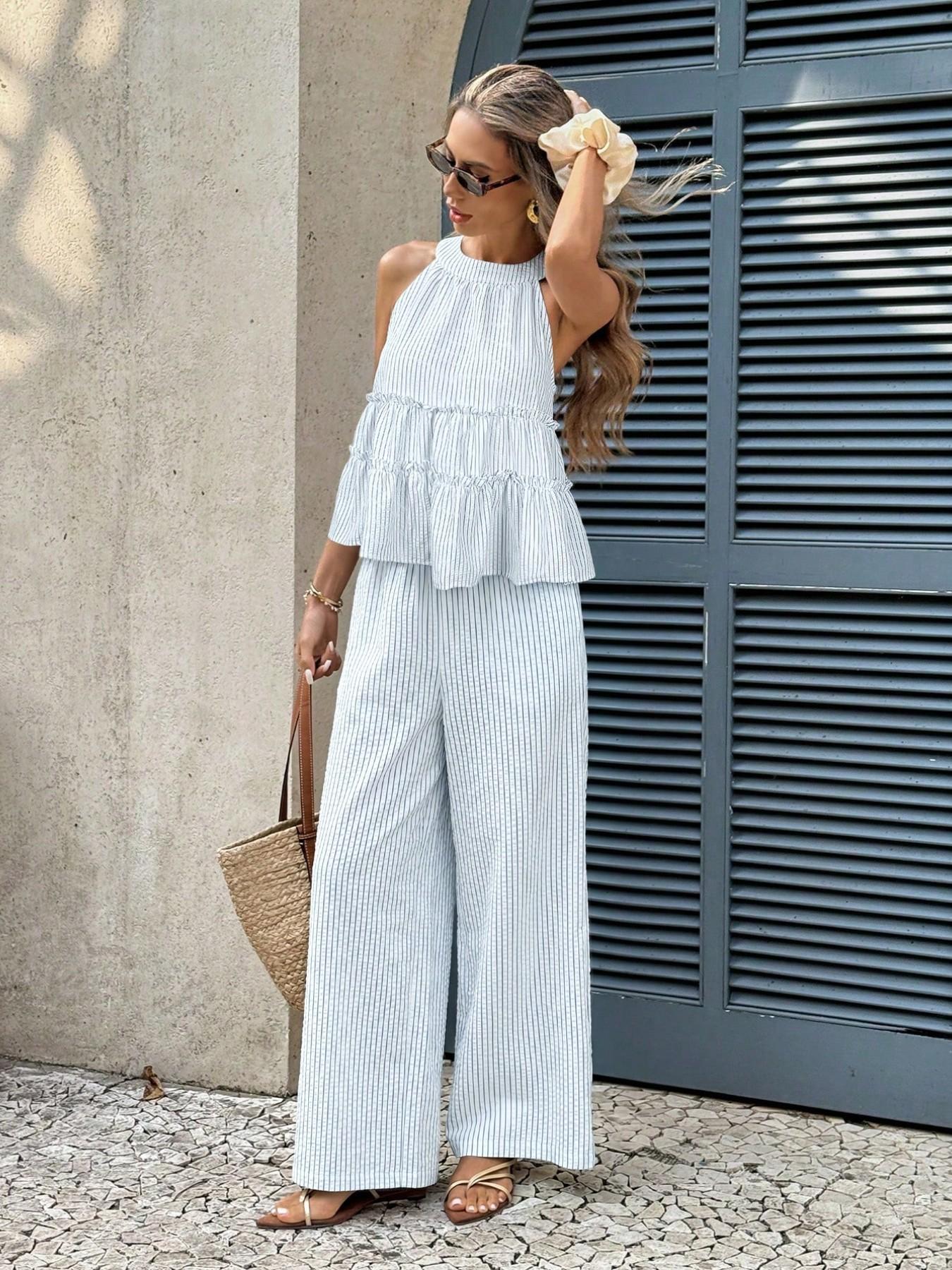 Women's 2 Piece Set | Sleeveless Halter Neck Ruffle Top & High Waist Wide Leg Pants | Casual Feminine Summer Beach Vacation Outfit