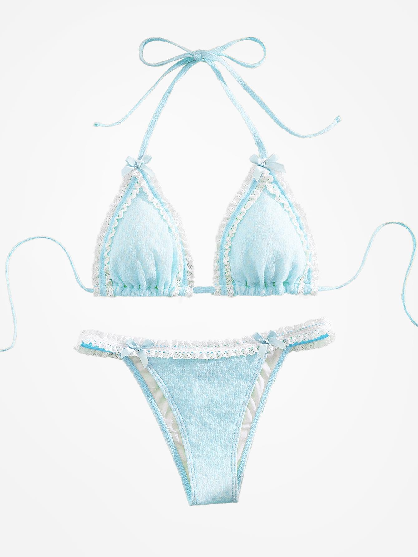 Two-Piece Set Women's Contrast Lace Bow Decor Bikini Set, Casual Tie Back Swim Bra & Swim Bottoms, Ladies Swimsuit for Beach Vacations, Summer Halter Bathing Suit