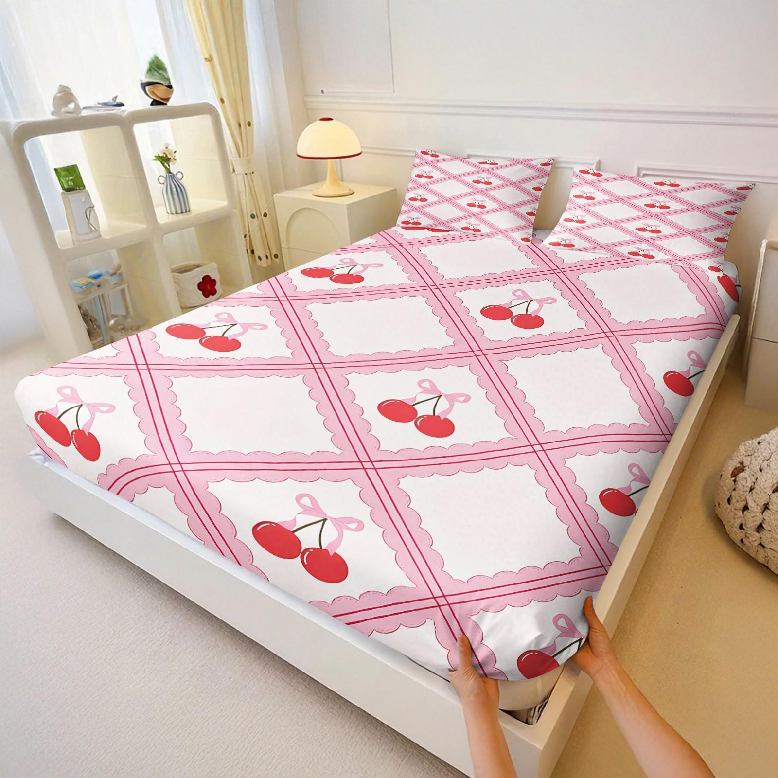 Sweet and lovely cherry-print fitted sheet set,Includes 1 Fitted Sheet & 2 Pillowcases without Filler,Fresh and adorable design,Comfortable and soft,Multiple styles available, perfect for stylish bedroom decor.