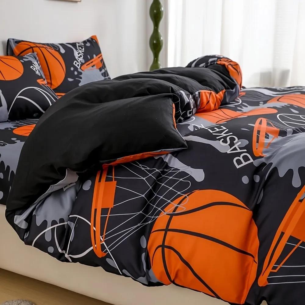 2D Print Basketball Pattern Bedding Set, Soft Bedding Sets, Soft Breathable Polyester Fabric, All-Season Use, Includes 1 Fitted Sheet + 2 Pillowcases