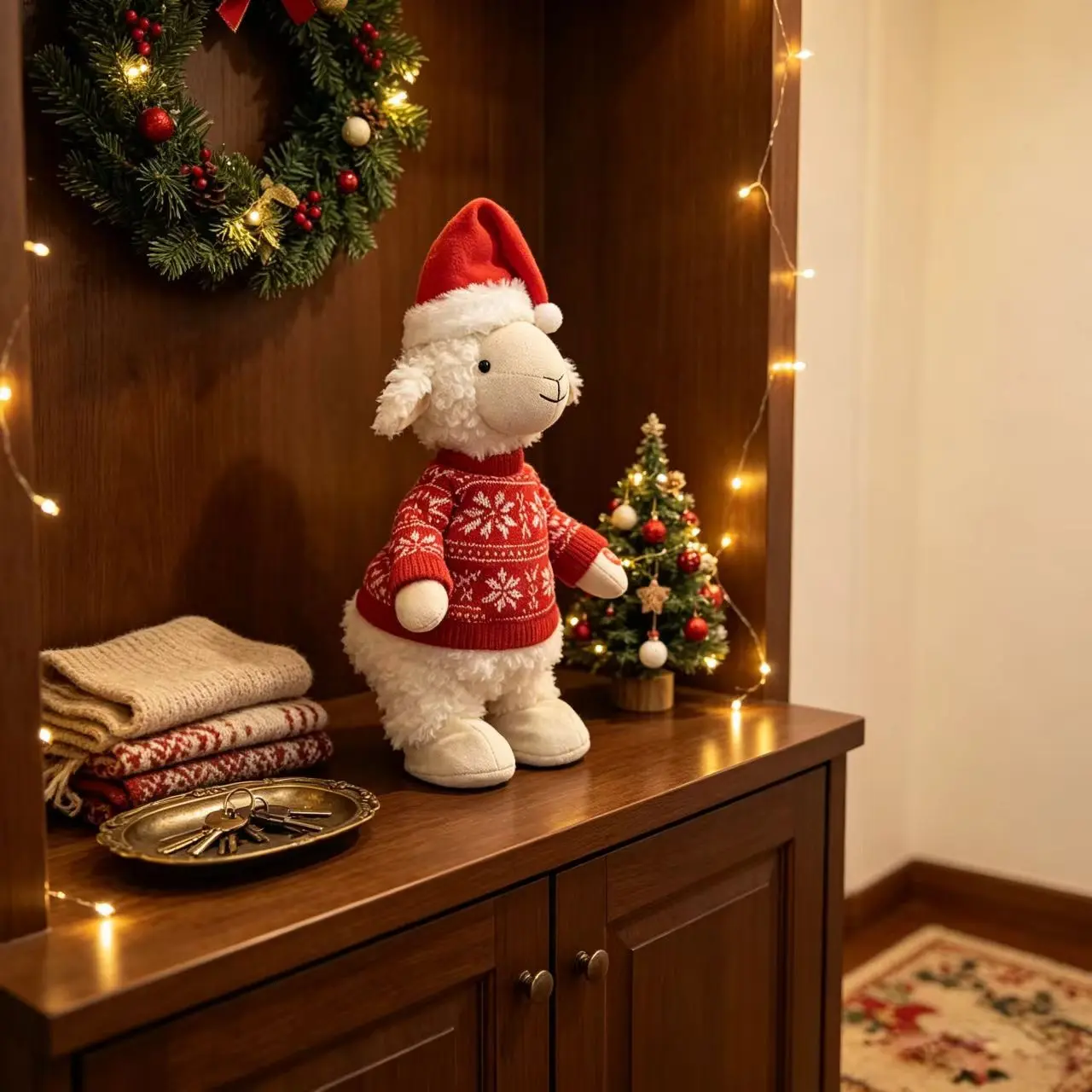 Christmas Sheep Plush Toy, Electric Dancing Music Figure, Festive Holiday Decoration, Stretchy Woolly Lamb with Santa Hat, Sound-Activated