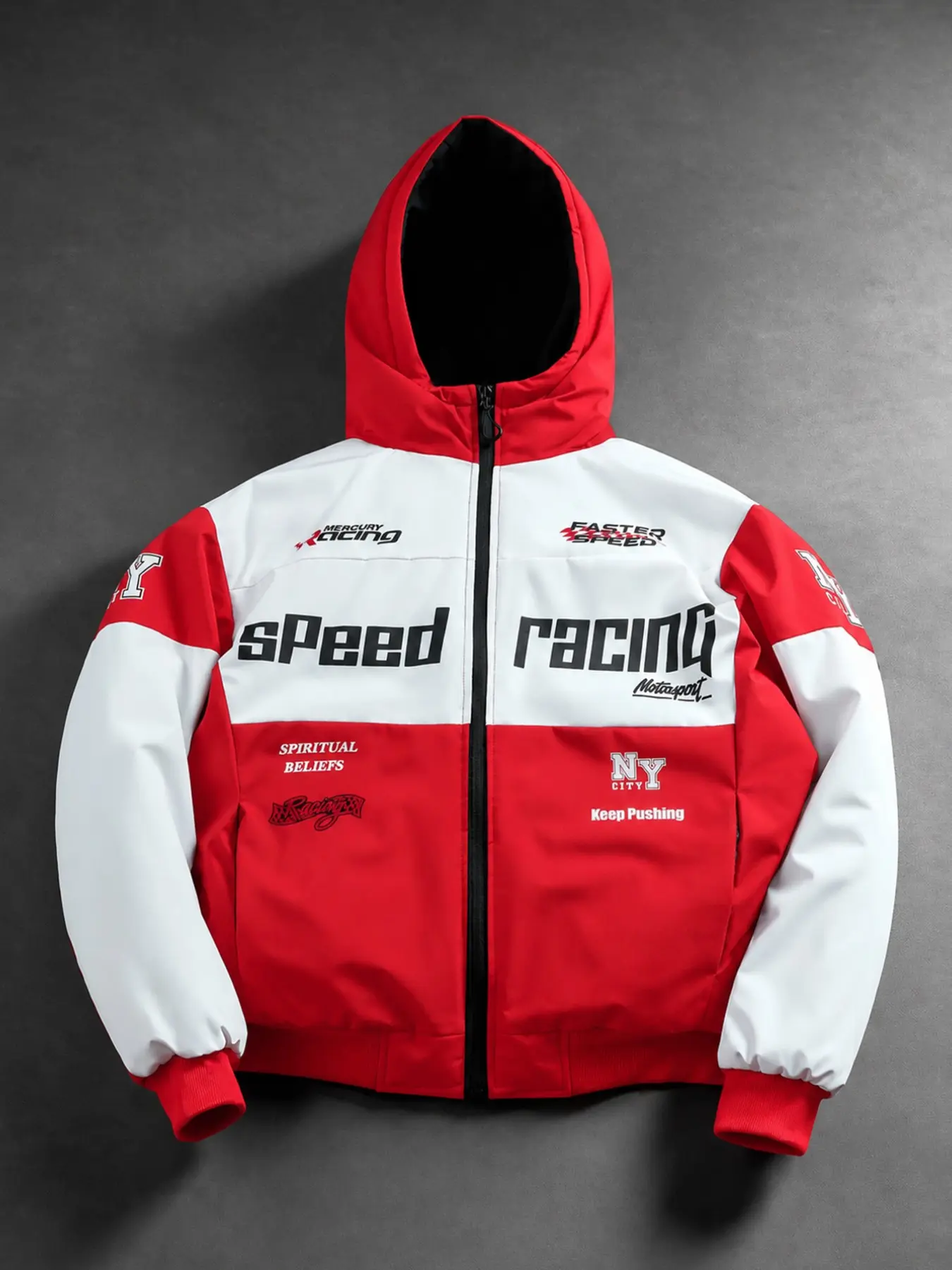 Men's Fall Winter Hooded Racing Jacket, Colorblock Design, Letter Print, Zipper Front, Windproof Fabric, Fashionable Streetwear, Gift for Husband