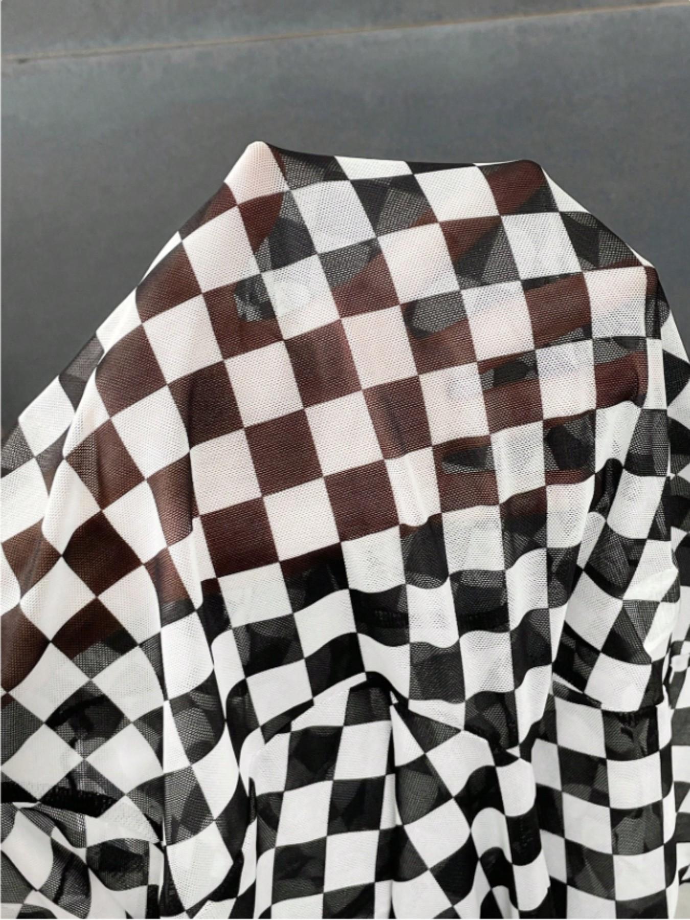 Women's & Plaid Long Sleeve Top, New Style Slim Fit Short Shirt, Casual Inner Layer, Fashionable Chessboard Pattern Tee