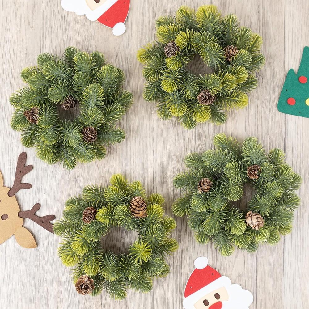 4 Pack Small Christmas Wreath, Mini Wreaths with Pine Needles and Pine Cones, Artificial Ring Wreaths Hanging Decoration Garlands for Home Table Kitchen Window Chair Wall Front Door