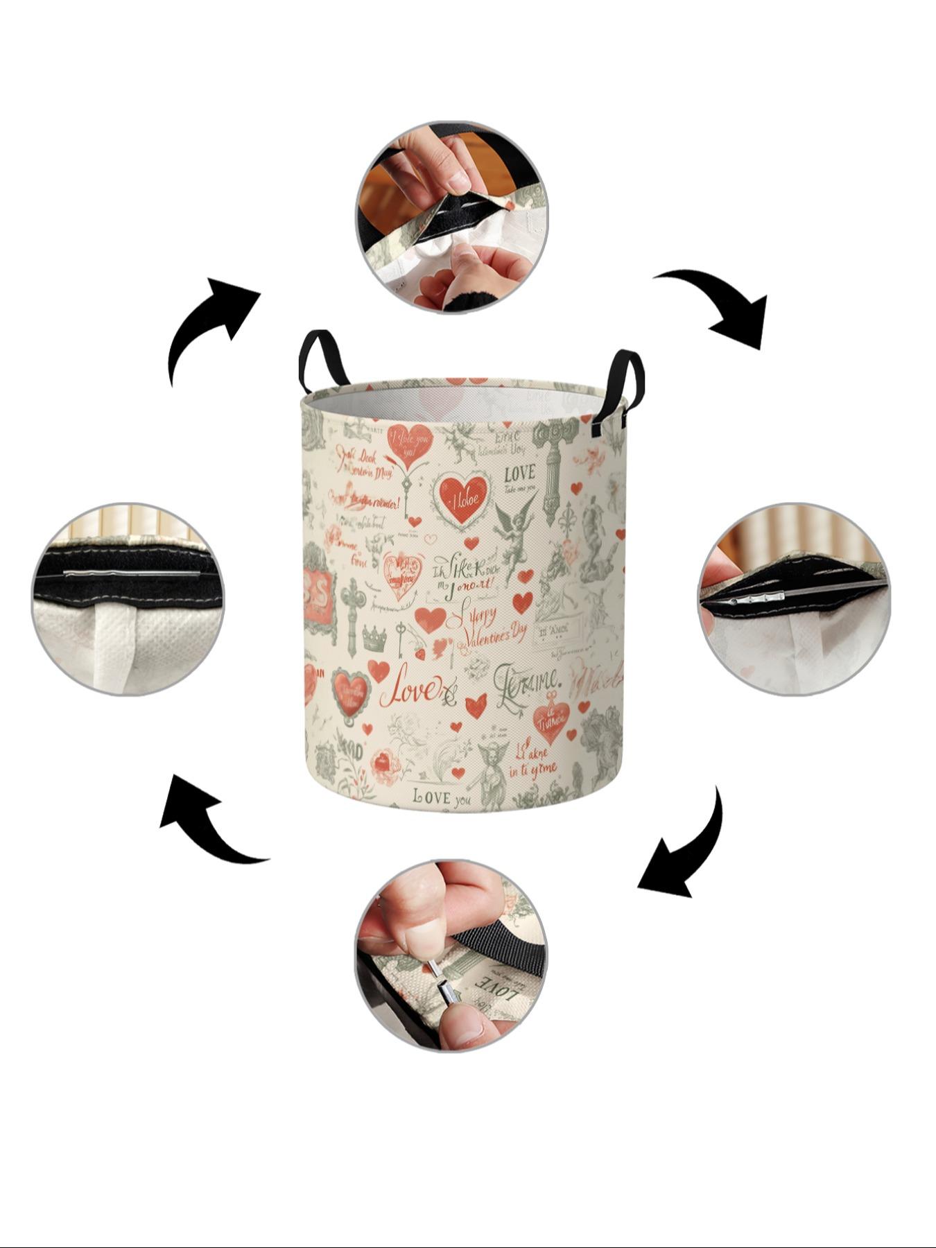 Romantic Pattern Laundry Basket with Handle, Durable Foldable Storage Bin, Large Capacity for Home Use, Valentine's Day Gift
