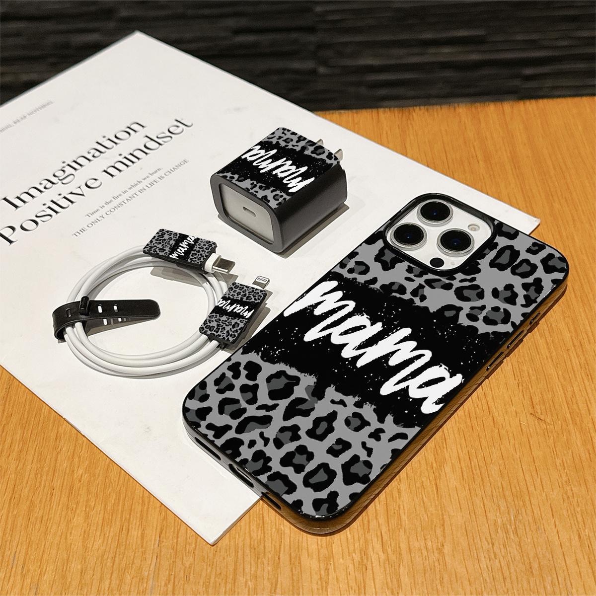5-Piece Set Jelly Large Hole Leopard Print Letter Ma Phone Case, Charging Head Cover, Data Line Protector, Storage Rope, Smartphone Accessories
