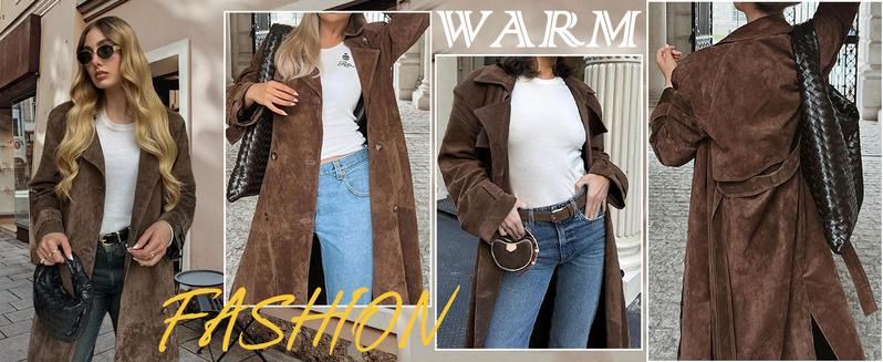 Chouyatou Womens Faux Suede Long Trench Coat Notched Lapel Double Breasted Pea Coat Overcoat with Belt Jackets Womenswear