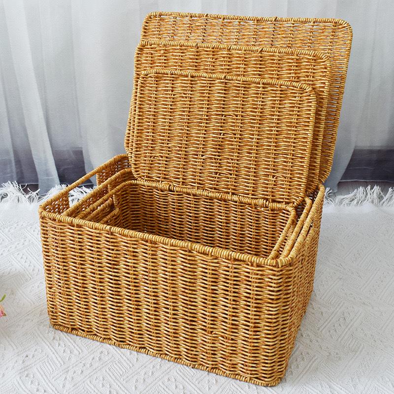 Woven Storage Basket, 1 Count Rattan Storage Box with Lid, Desktop Storage Basket for Home Living Room Bedroom, Home Organizer