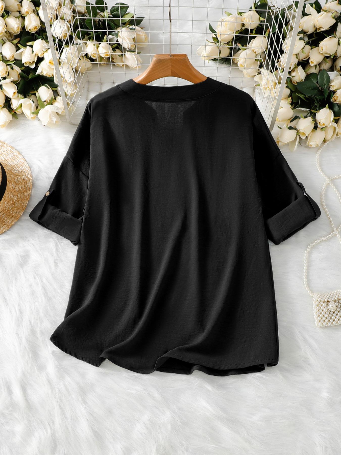 Women's Loose Notched Neck Long Sleeve Blouse, Fashion Vintage Simple Versatile Top, Women's Casual Drop Shoulder Clothing for Spring & Fall