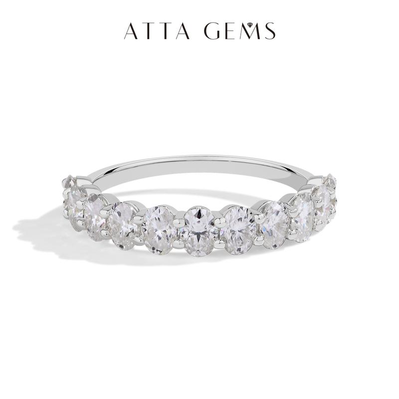 ATTAGEMS Oval Cut 1.8CT Half Eternity Band D VVS1 Synthetic Moissanite Ring for Women Matching 925 Sterling Silver Wedding Band Jewelry Gift R225
