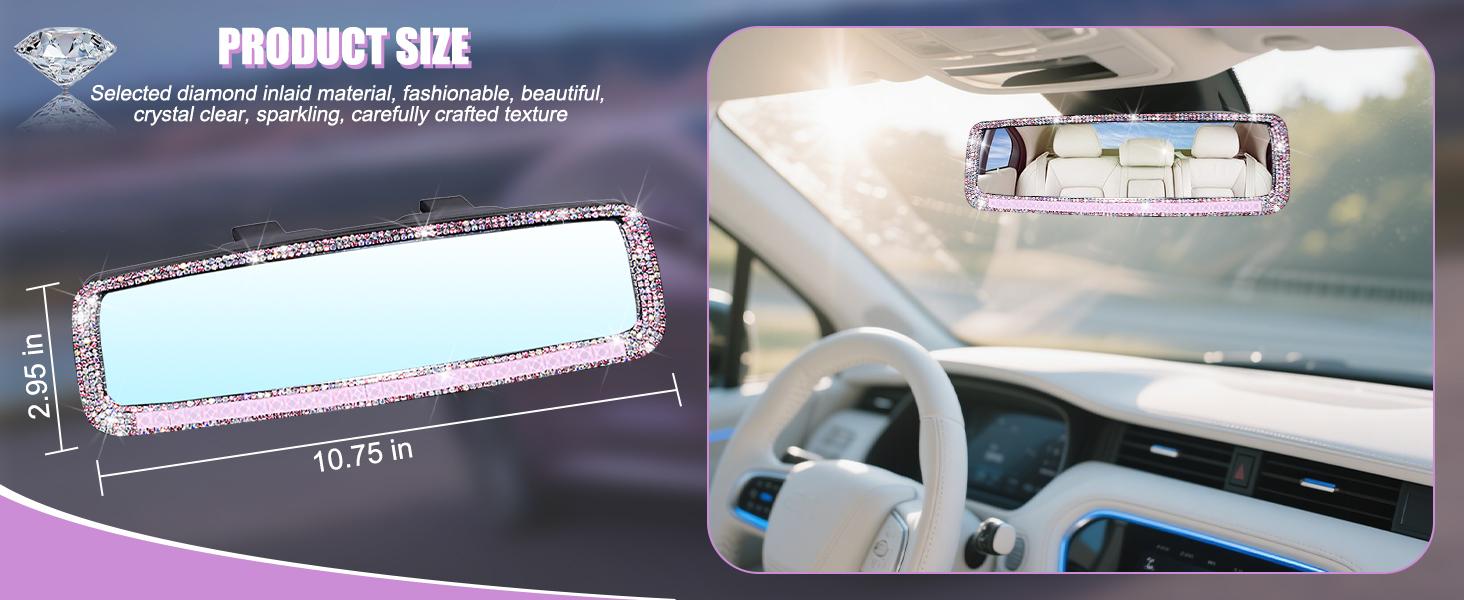 JOKG Car Rearview Mirror, Decorations Rear View Mirror with Crystal Rhinestones & Diamonds, Car Interior Trim Accessories, Clip-on & HD Glass, Sparkly Gift for Mother Women Girls (Silver)