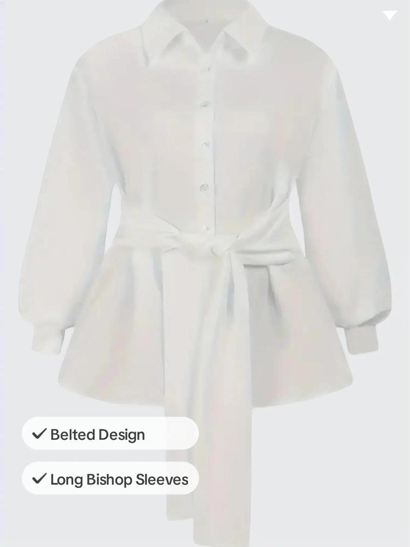【Plus Size】 Solid Belted Button Front Shirt Blouse, Elegant Bishop Sleeve Collared Top for Women, Women's Clothing for Fall & Winter, Womenswear