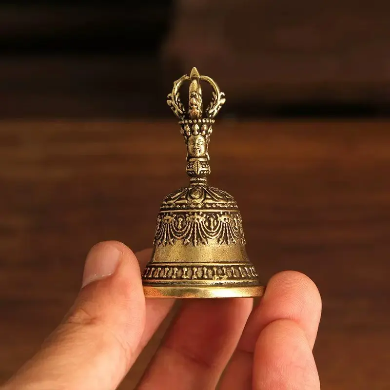 Vintage Brass Bell Mini Handheld Hand Ringing Bell Textured Metal Percussion Instrument Tabletop Craft Antique Style Ornament Home Office Desk Decor Living Room Bedroom Coffee Table Bookshelf Shelf Essentials