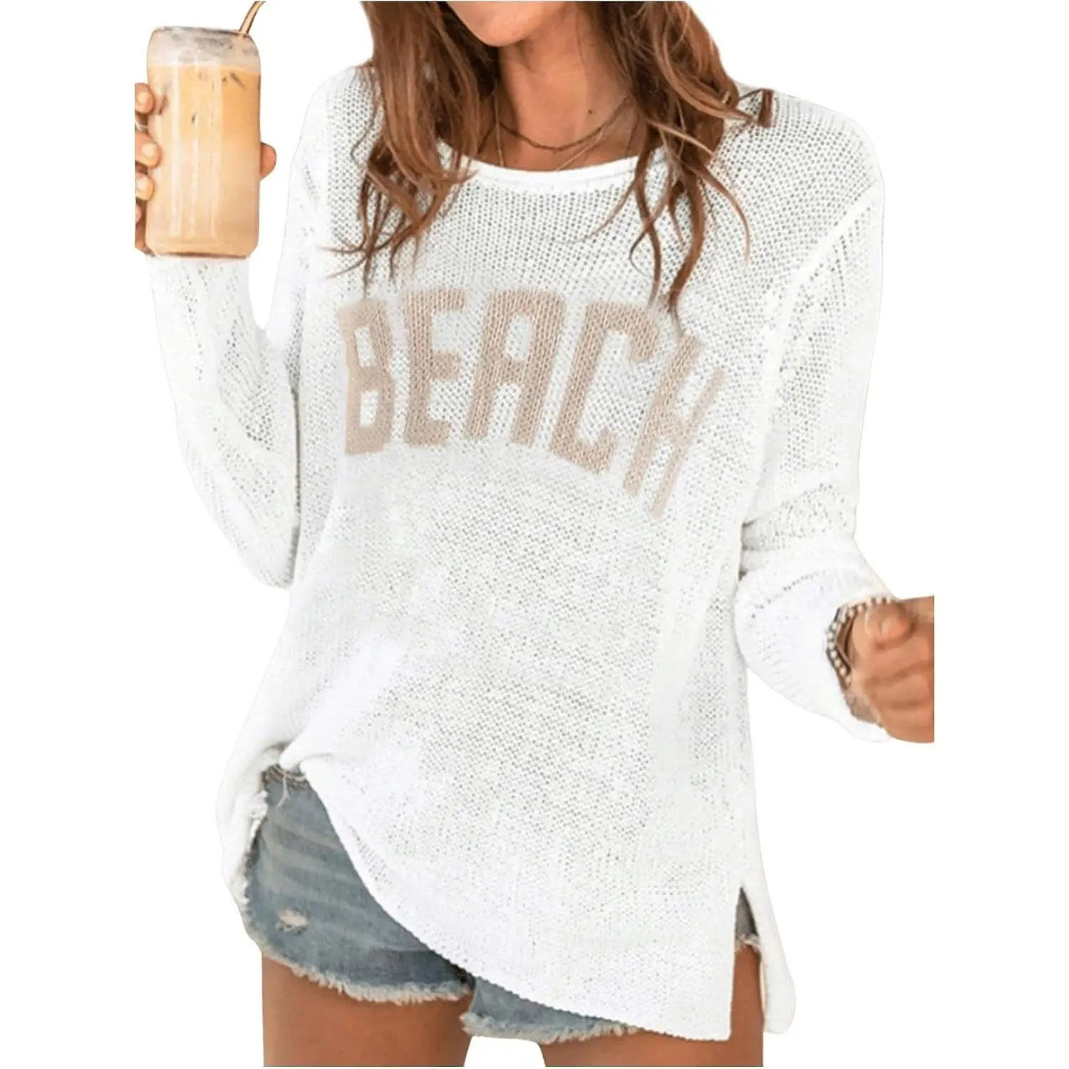 Women's Beach Cover Up Letter Print Long Sleeve Sweater Crew Neck Split Hem Crochet Jumper Top