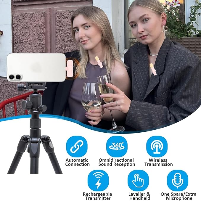 Pink Wireless Lav Microphone for iPhone & Android - Mini Clip-On Mic with Noise Cancellation, 65ft Range, 8H Battery, USB-C/Lightning - for TikTok, YouTube, Podcast, Live Streaming