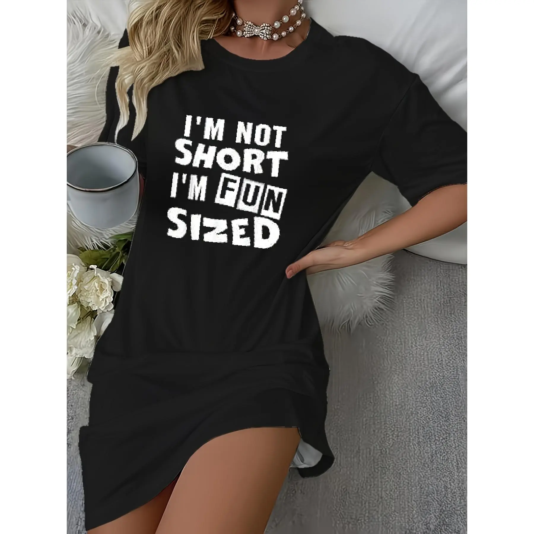 Women's Fun Letter Quote Short-Sleeve Nightgown, Funny English Print Loose T-Shirt Dress, Soft and Skin-Friendly Casual Loungewear, All-Season Crew Neck Long Nightdress