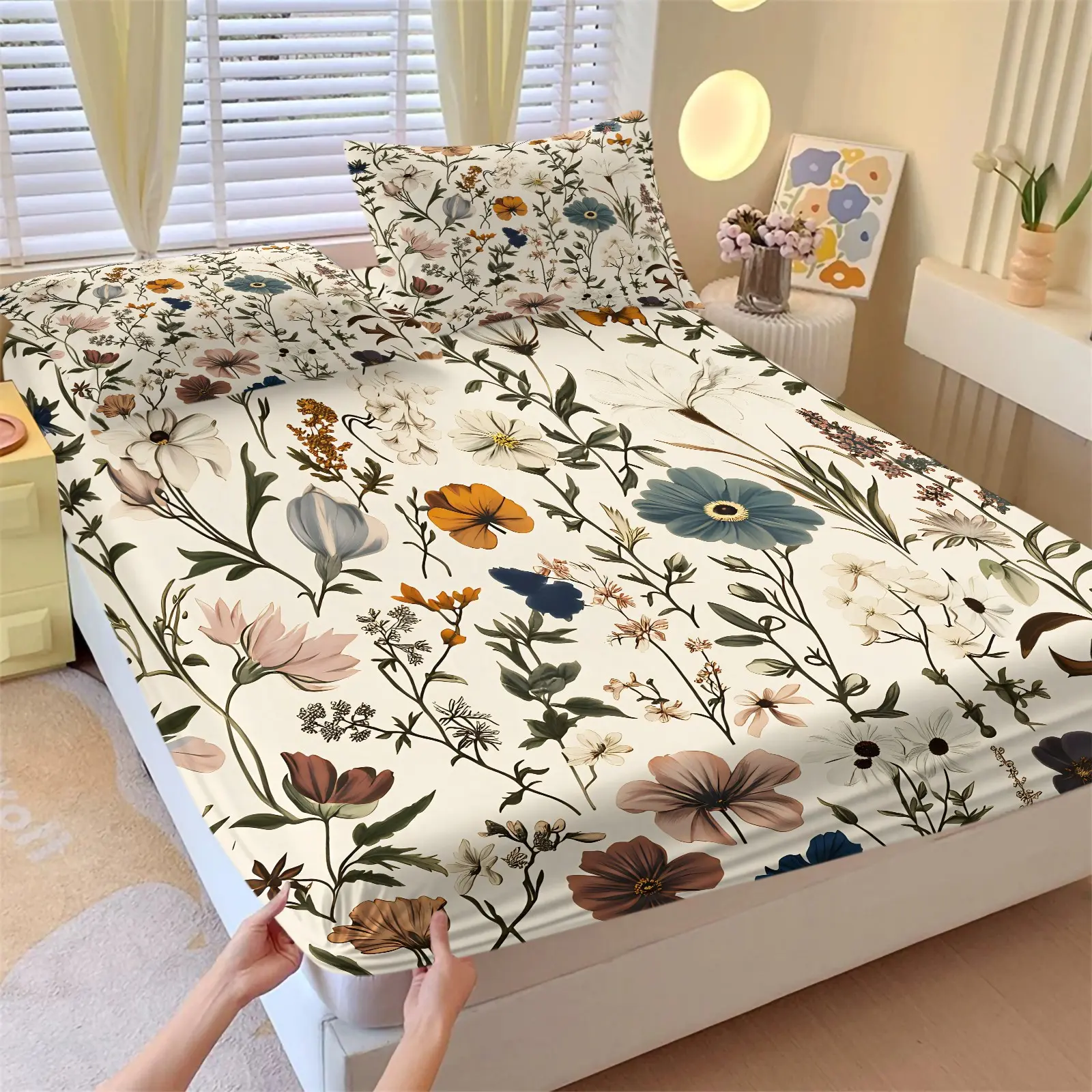 Vintage Watercolor Wildflower Fitted Sheet Set (1 Fitted Sheet + 2 Pillowcases), Multicolor Retro Botanical Floral Print, Soft Breathable Fabric Elastic Deep Pocket Mattress Cover, Country Cottage Style Bedroom Decor Bedding Set