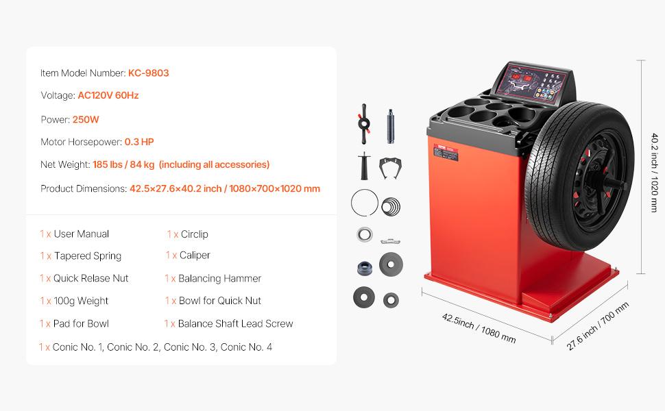 VEVOR Tire Changer Machine, 18 Spindle, Durable Tire Balancer with 4 Size of Conic 45# Steel, Reinforced Tire Balancer with Complete Measuring Tools Multi-Compartment, Fit for 1.5-18 Wide Tire