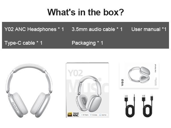 Wentronic Y02 ANC Headphones 60H Playtime,Hybrid Noise Cancelling,Hi-Res Audio,Foldable,Soft Earpads, with Mic for iOS/Android/PC