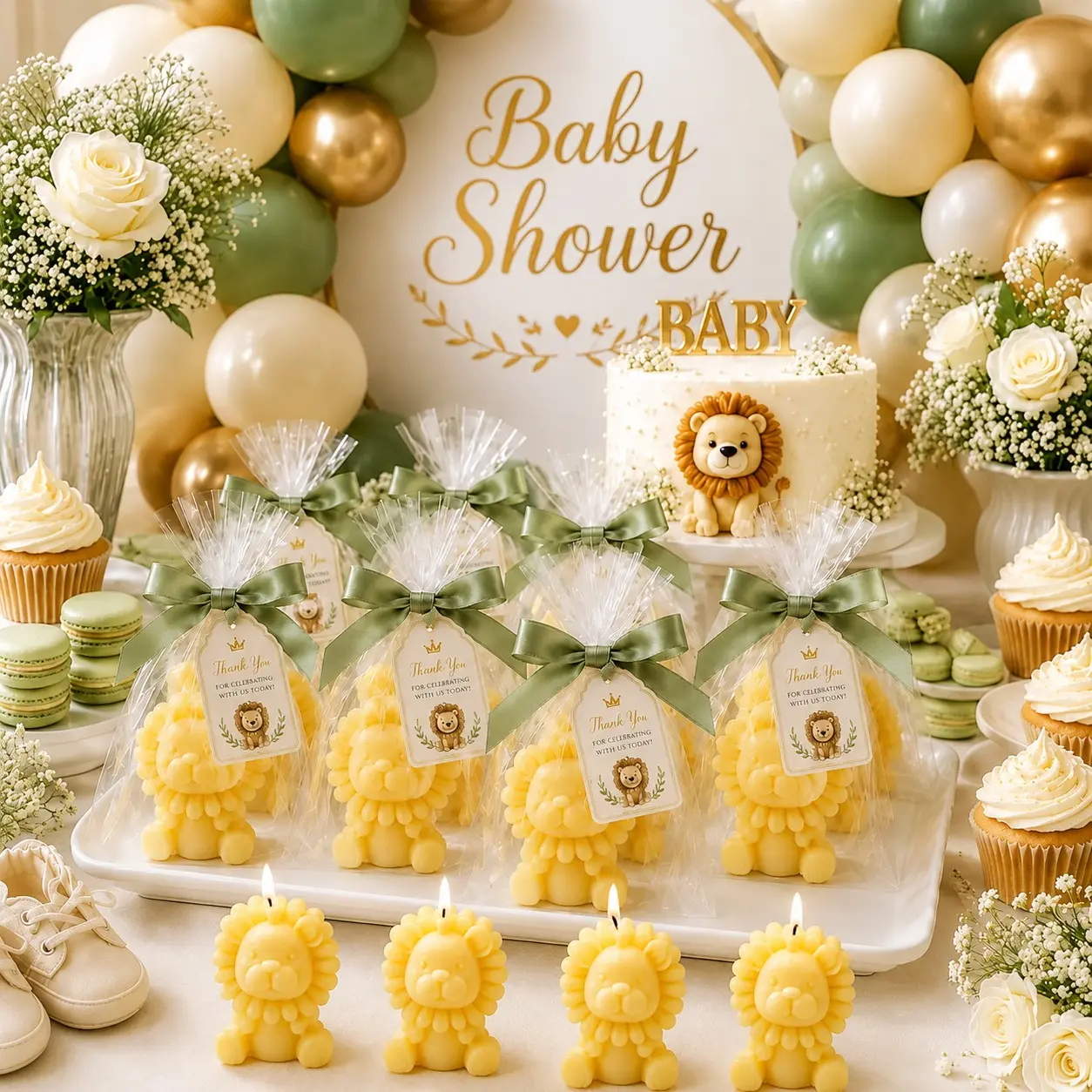 5/10 sets Baby Shower Favors for Guests, Cute Yellow Lion Candle Gift Sets with Clear Gift Bags, Sage Green Satin Ribbon and Thank You Cards, Safari Baby Shower Gifts, Baptism and Christening Favors, First Birthday Keepsakes