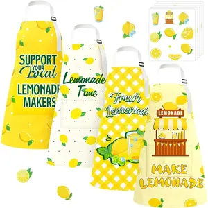 4PCS Yellow and White Lemonade Stand with Pockets: Apron with Stickers Decorations for Baking Cooking Costume Accessories Birthday Supplies