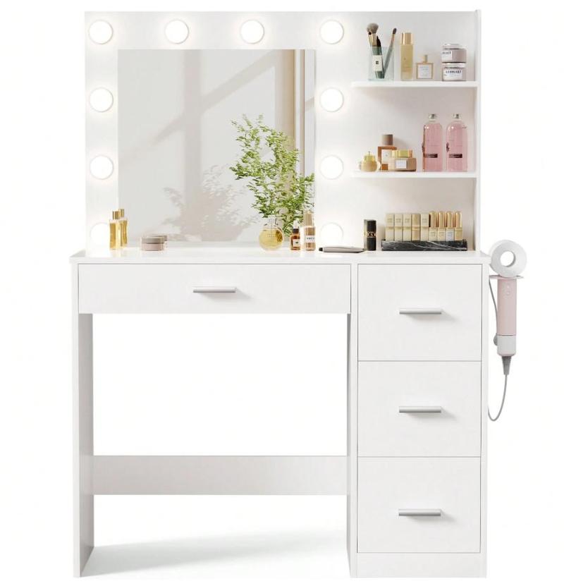 FURMAX Vanity Desk with Lights and Mirror Makeup Vanity Table Set with Drawer and Power Outlet FURMAX Vanity Desk with Lights and Mirror Makeup Vanity Table Set with Drawer and Power Outlet