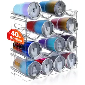 4 Tier Stackable Clear Large Compartment Water Bottle Storage Rack, Water Bottle Tumbler Organizer for Kitchen Fridge Cabinet Organization and Storage