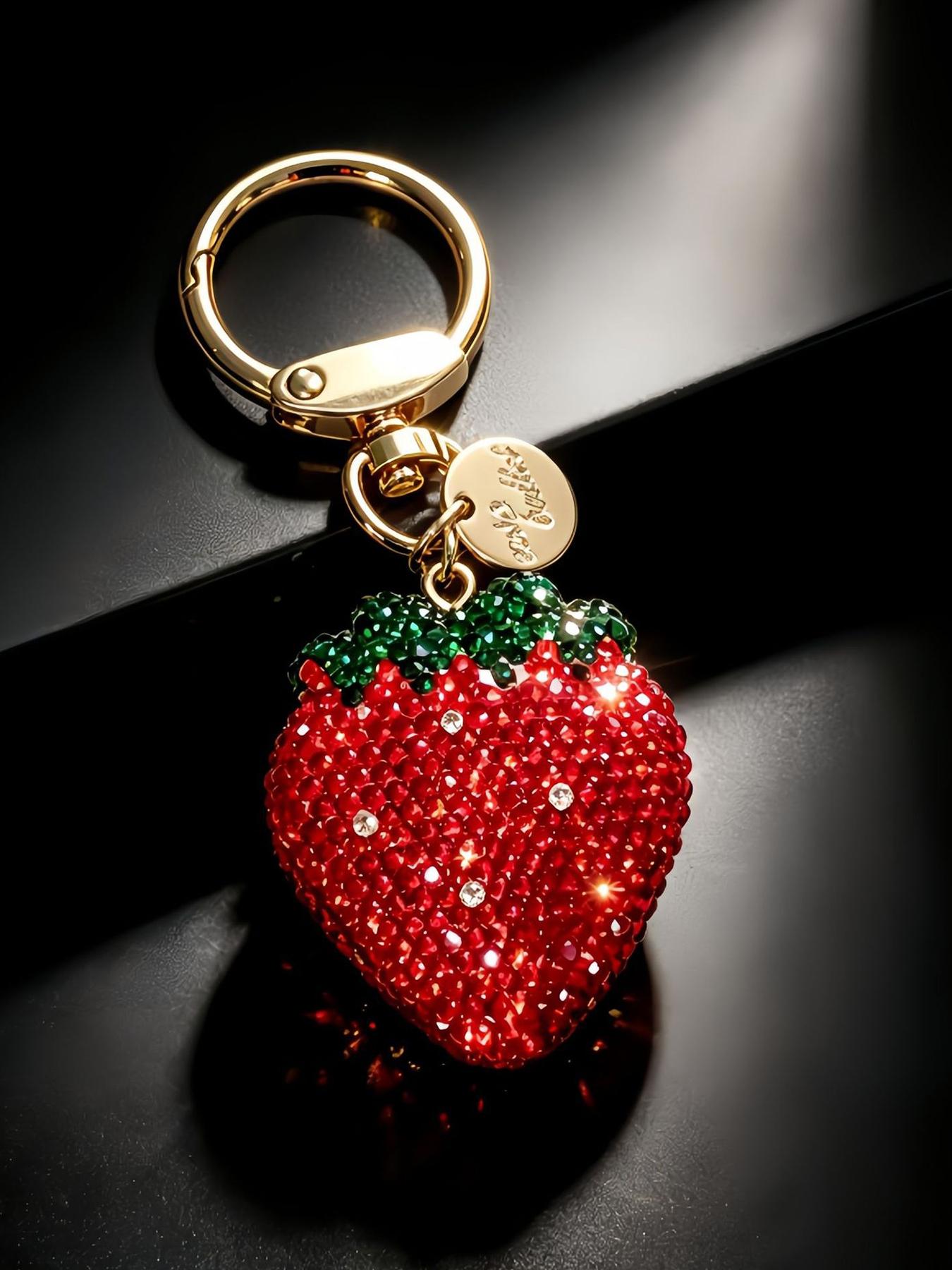 Rhinestone strawberry keychain, sparkly cherry bag charm, rhinestone fruit pendant, jubilee-themed bag decoration, full rhinestone keychain, luxurious pendant, sparkly bag accessory, full rhinestone strawberry accessory, full rhinestone cherry bag charm