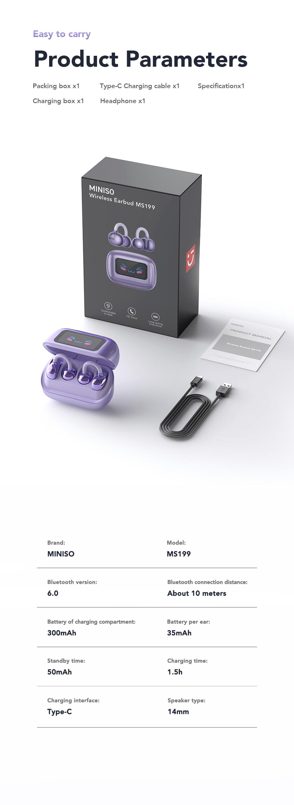 MINISO MS199 Translation Clip On Ear Headphones Full Color Touch Screen, Audio Wireless Headphones Support 135 Languages Real Time Bluetooth Translation Built-in Microphone for Music & Phone Calls,Sport Waterproof & Sweatproof