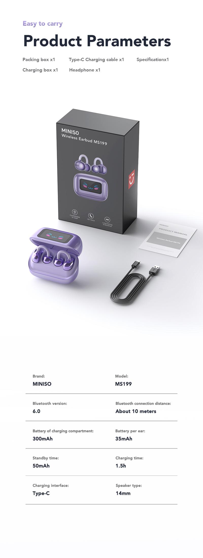 MINISO MS199 Translation Clip On Ear Headphones Full Color Touch Screen, Audio Wireless Headphones Support 135 Languages Real Time Bluetooth Translation Built-in Microphone for Music & Phone Calls,Sport Waterproof & Sweatproof