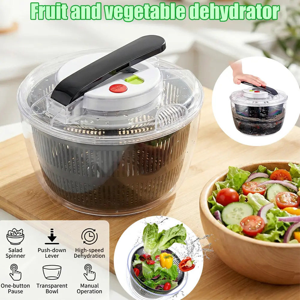 5L Push-Action Vegetable Dryer with Draining Function, Salad Spinner, Vegetable Washer with Bowl & Strainer, BPA-Free