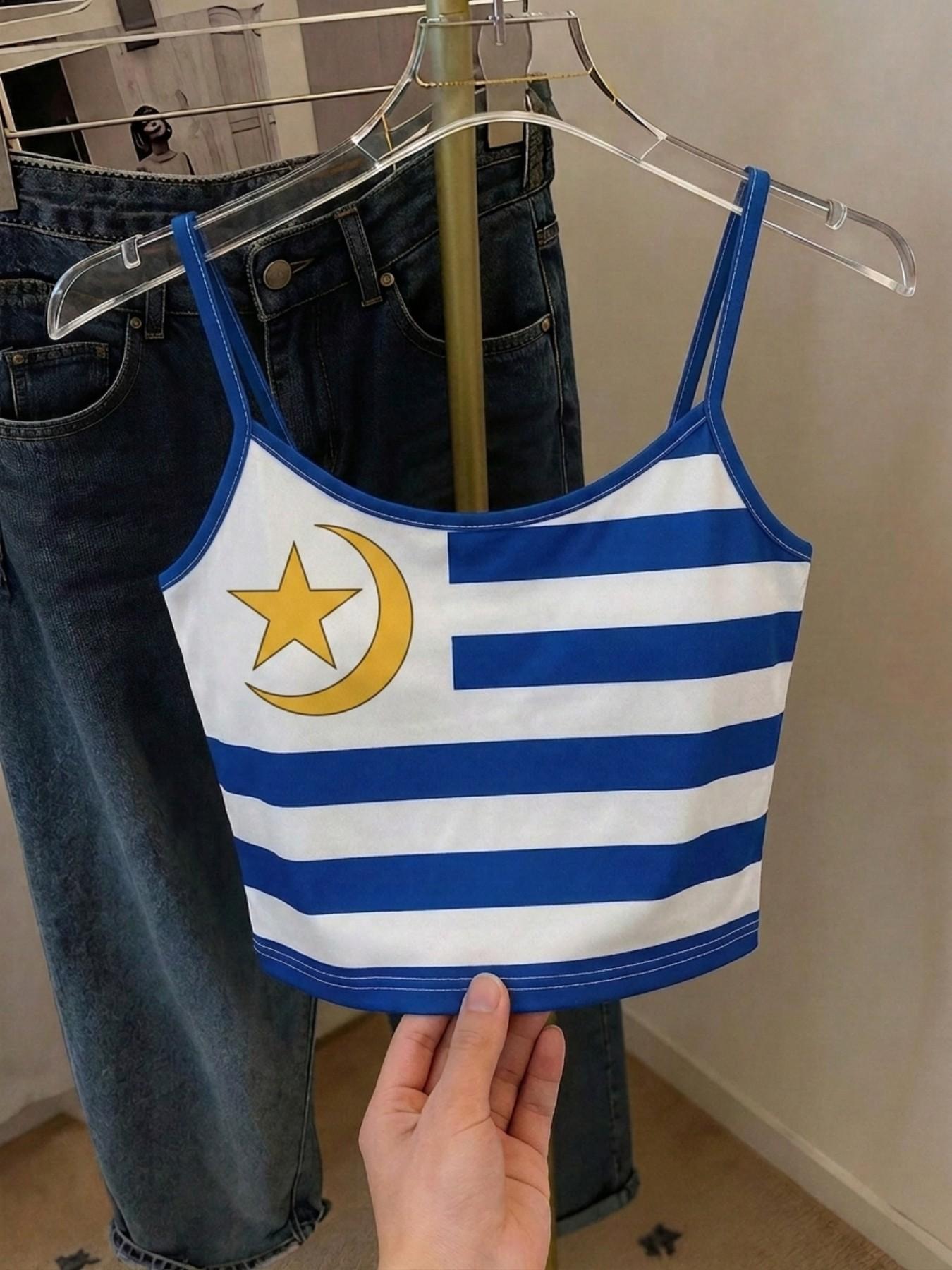 American Flag Print Cami Top, Spaghetti Strap Sleeveless Slim-Fitting Sexy Backless Casual Tank, Breathable Material, Multiple Flag Options, Plain Surface Design