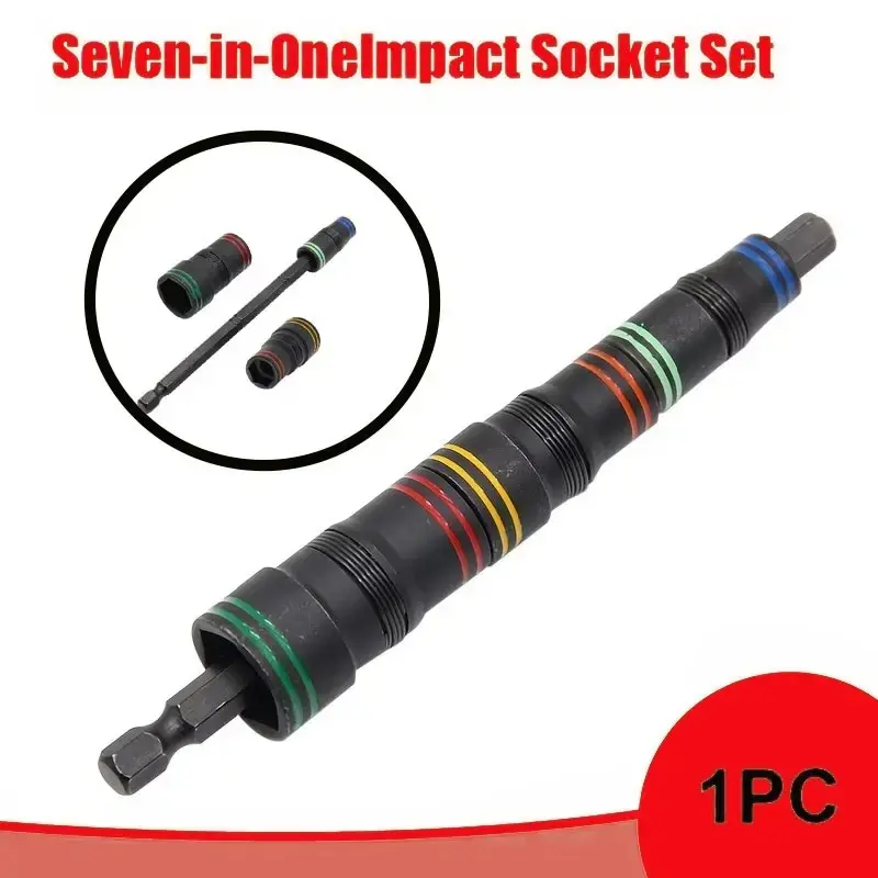 7-In-1 Impact Socket Set, 3 Reversible Sockets with 6 Hex Drive Sizes, 1/4 Inch Ratchet, 5-Inch Shaft, Essential Tool Kit