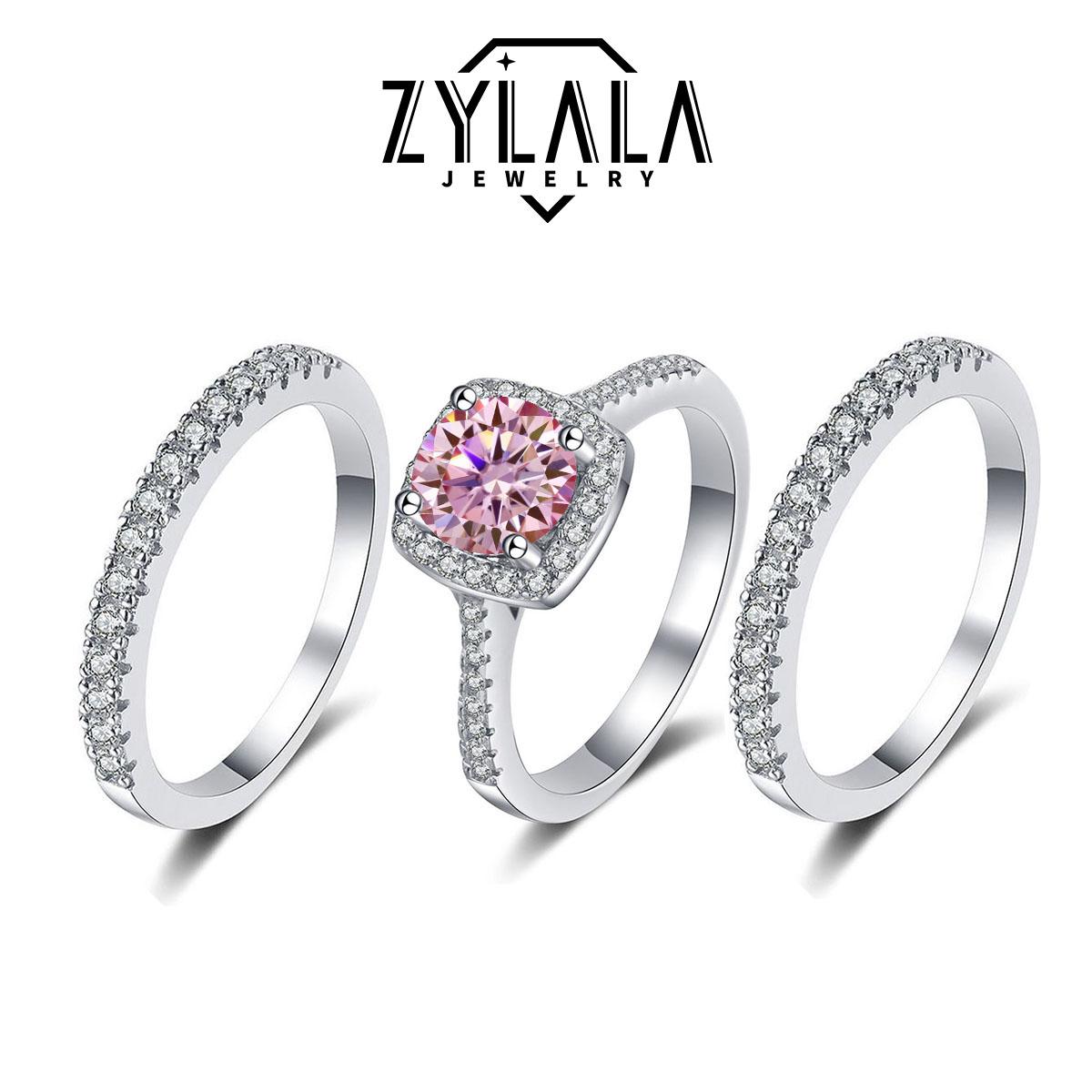 [245 Pink] 1/2CT Synthetic Moissanite Square Ring + Eternity-band Set Square Halo Design 925 Sterling Silver Promise Ring Engagement Wedding Gift