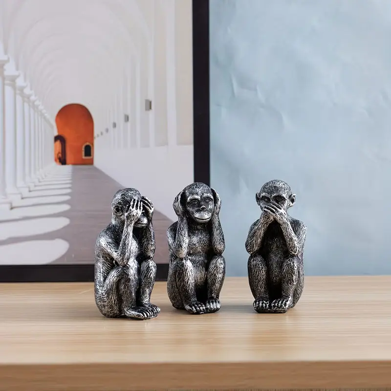 Three-piece non-toxic resin monkey sculpture, Animal Resin Figurine, suitable for use in living room, bedroom, dining room and as a tabletop decoration item for home decoration.