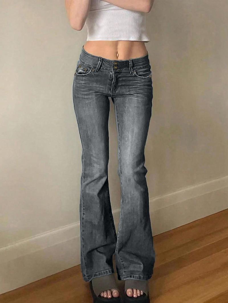NVFelix Women's Y2k Low Rise Flare Jeans Double Button Design Stretch Bootcut Pants Soft Denim for Comfortable Daily Wear