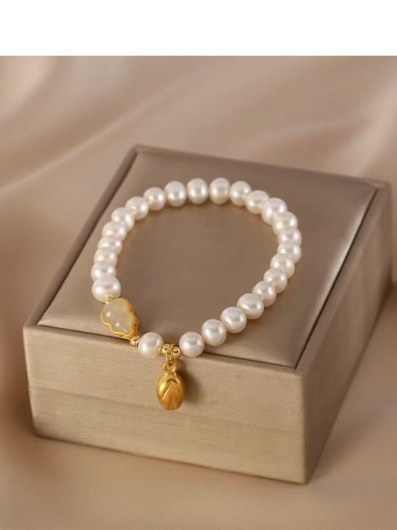 Natural Freshwater Pearl Copper Plated 14k Gourd Flower Bud Bracelet, Fashion Versatile Women's Hand Chain, Luxury Jewelry Accessory