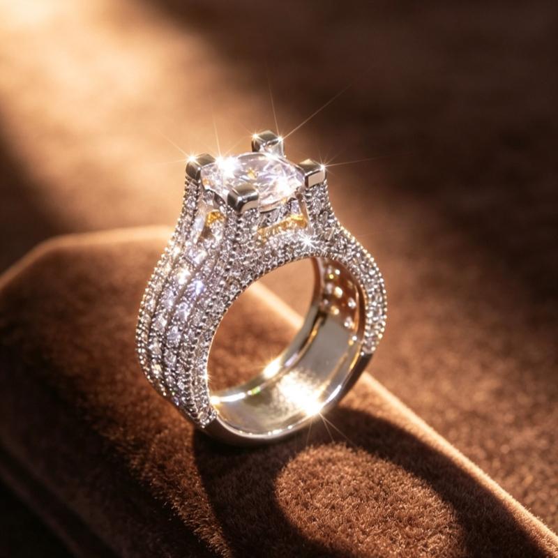 Women's Chunky Statement Costume Ring - Cushion-Cut Prong-Pave CZ, Layered Rows Split Shank Band Ring, Rhinestone Decorated for Valentine Date Night, Anniversary Gatherings, Chunky Statement Ring