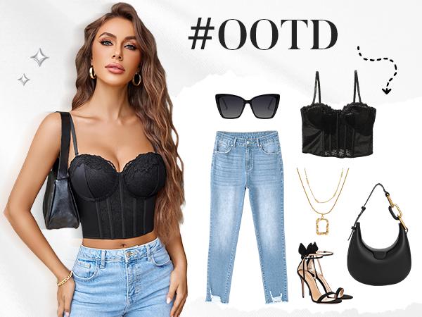 Avidlove Bustier Tops for Women V Neck Lace Bralettes with Underwired Corset Concert Crop Top